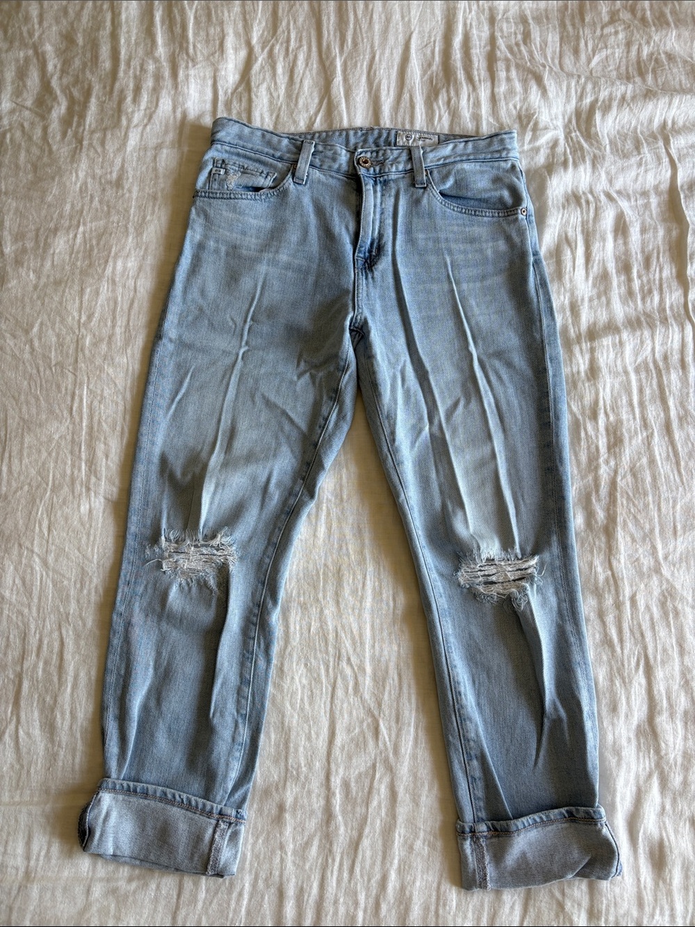 AG Adriano Goldschmied Light Blue Boyfriend Jeans with Knee Rips